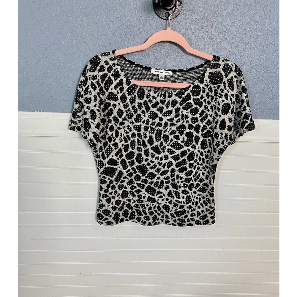 St. John Black & White Abstract Pear Beaded Short Sleeve Blouse Size Small